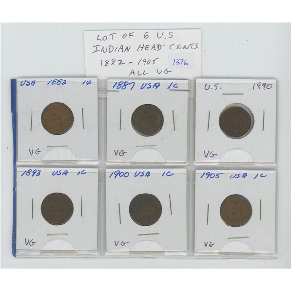 Lot of 6 different U.S. Indian Head Cents: Includes 1882, 1887, 1890, 1893, 1900 & 1905. Coins grade