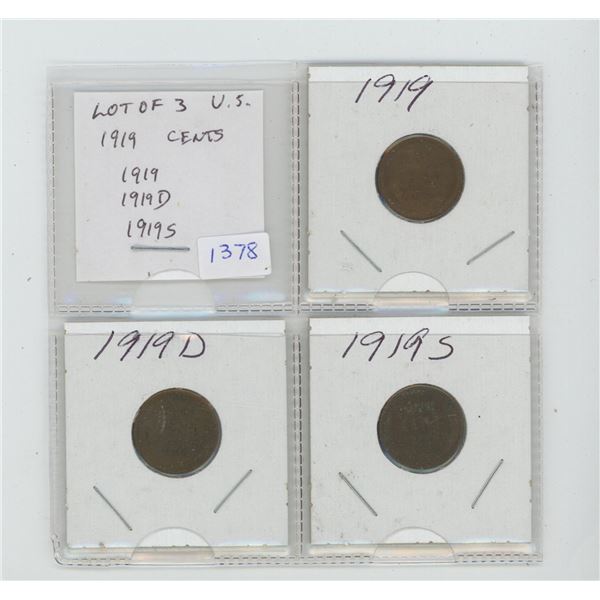 Complete set of 3 1919 U.S. Lincoln Wheat Small Cents. Includes 1919, 1919D, 1919S. Coins grade VG-8