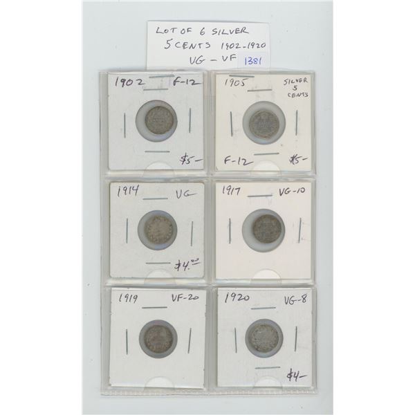 Lot of 6 Canadian Silver 5 Cents. Includes 1902, 1905, 1914, 1917, 1919 & 1920. Coins grade VG-8 to 