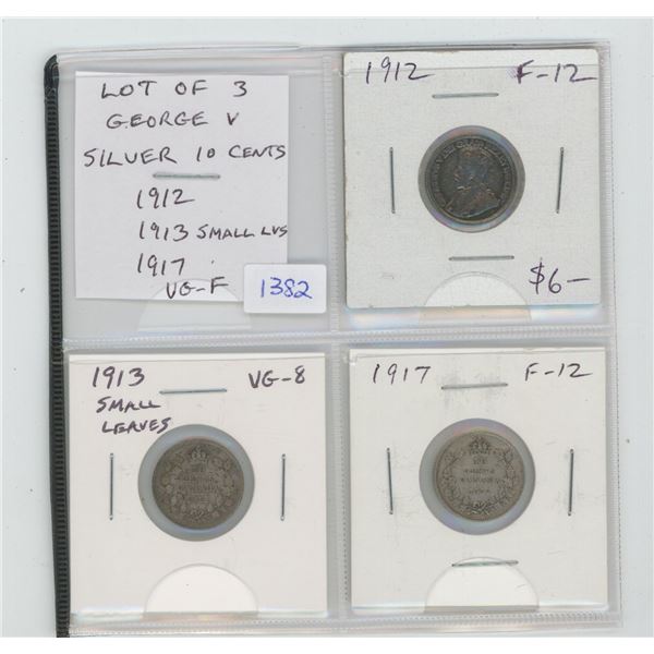 Lot of 3 George V Silver 10 Cents. Includes 1912, 1913 Small Leaves, 1917. Coins grade VG-8 to F-12.