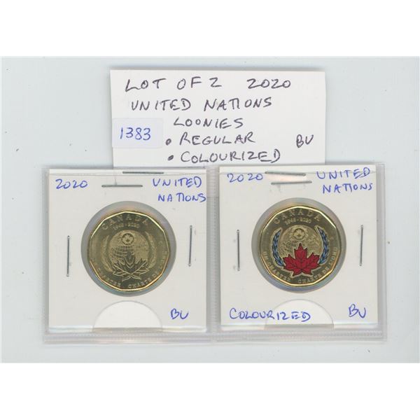 Lot of 2 2020 United Nations Loonies. Includes Regular & Colourized. Both BU, from an original Mint 