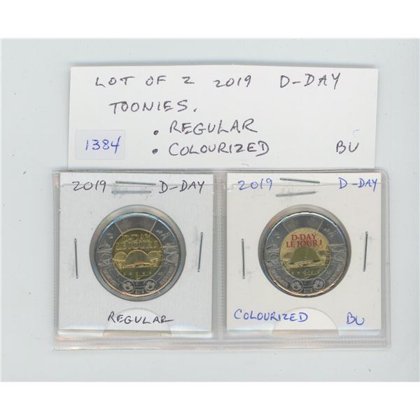 Lot of 2 2019 D-Day Toonies. Includes Regular and Colurized. Both BU, from an original Mint Roll.