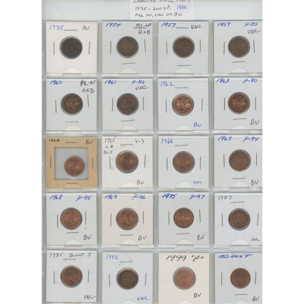 Lot of 20 Lustrous Canadian Small Cents 1935 – 2002P. All are AU, Unc or BU Red.