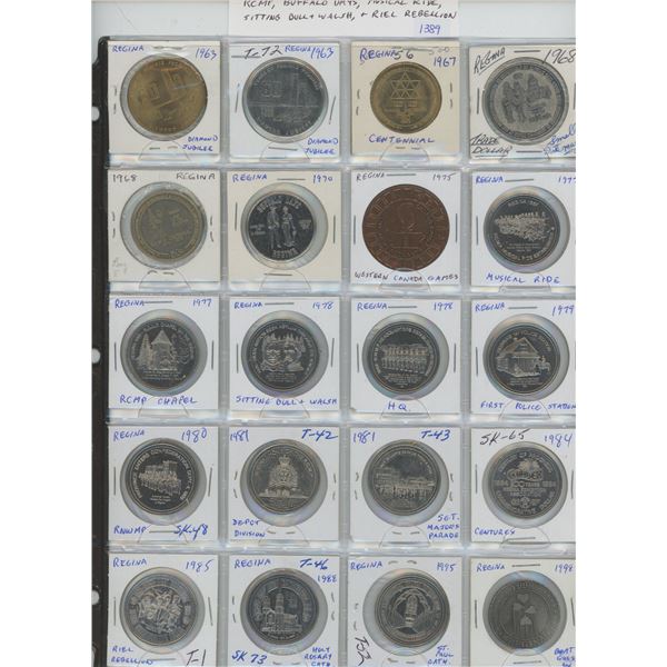 Lot of 20 Regina Trade Dollars including Diamond Jubilee, Centennial, RCMP, Buffalo Days, Musical Ri