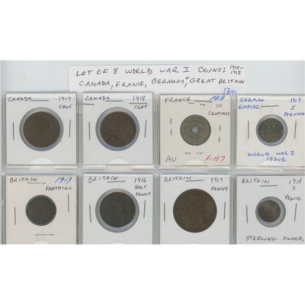 Lot of 8 World War I Coins 1914 – 1918 from Canada, France, Germany, & Great Britain.