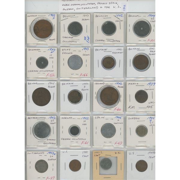 Lot of 20 World War II Coins 1939 – 1945 from Australia, Belgium under German Occupation, Denmark un