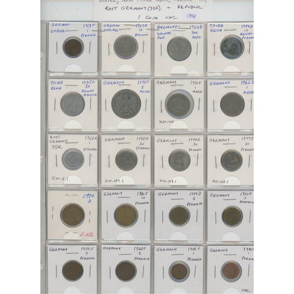 Lot of 20 German coins includes Empire 1913F 1 pfennig & 1907A 10 pfennig, Weimar Republic 1923D 200