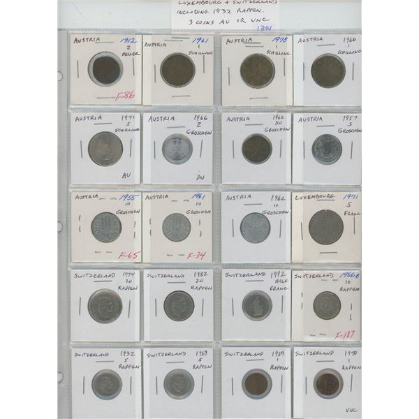 Lot of 20 coins from Austria (includes 1912 2 heller), Luxembourg and Switzerland (including 1932 5 