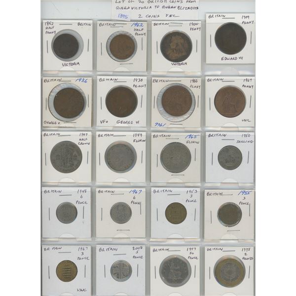 Lot of 20 British coins including Queen Victoria, King Edward VII, King George V, King George VI & Q