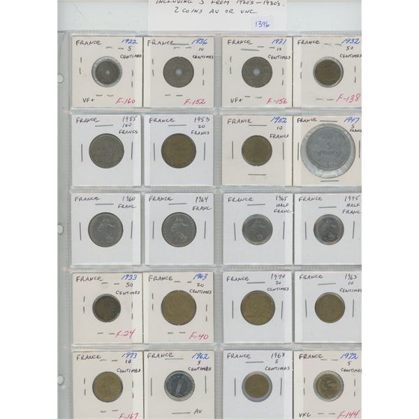 Lot of 20 coins from France. Includes 5 coins from the 1920s and 1930s. 2 coins AU or Unc.