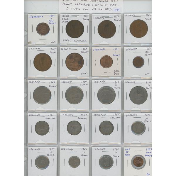 Lot of 20 coins from Guernsey, Irish Free State (includes First Coinage 1928 penny), Ireland, & Isle