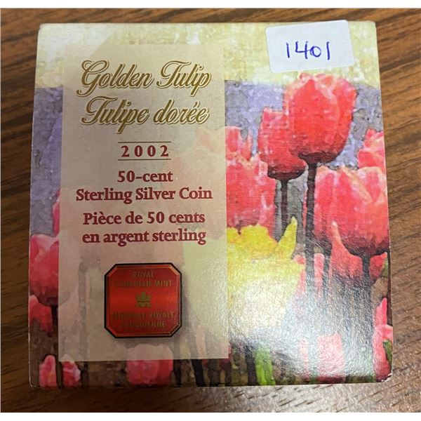 2002 Golden Tulip 50 cents. Sterling Silver with 22-karat gold plating. Proof with Ultra Heavy Cameo