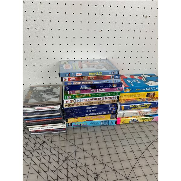 LOT OF CDS DVDS VHS
