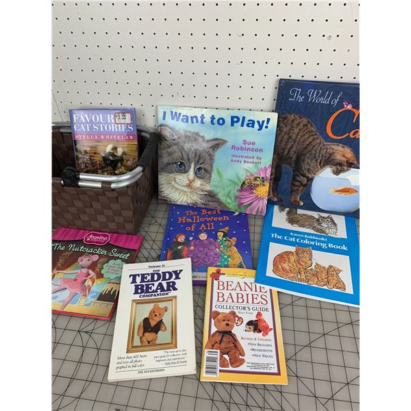 LOT OF CHILDREN'S AND CAT BOOKS WITH BASKET