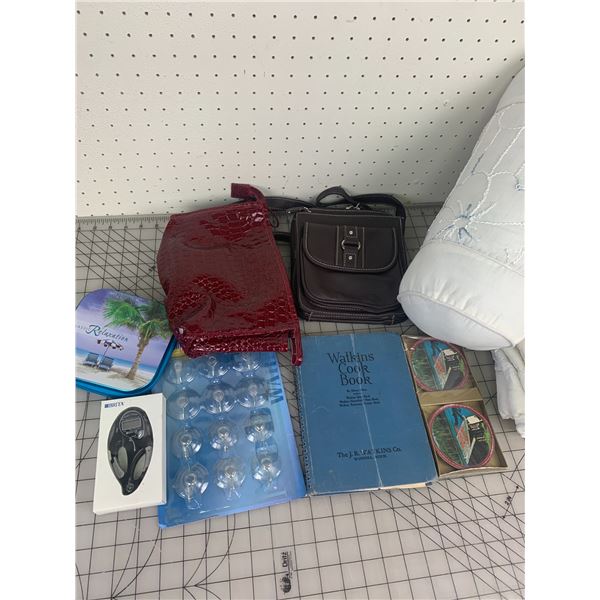 MISC LOT THEOW PILLOWS WATKINS COOKBOOK BAGS ETC