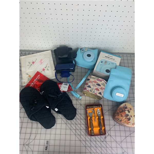 LOT OF MISC CAMERAS SLIPPERS ETC