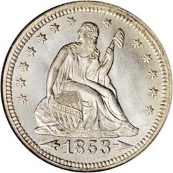 1853 25C Arrows and Rays MS67 NGC