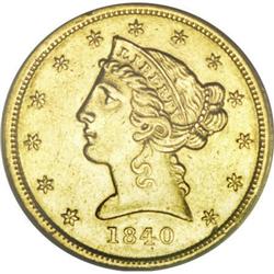 1840-D $5 Tall D AU53 Details ANACS