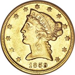 1859-D $5 Medium D AU55 Details ANACS