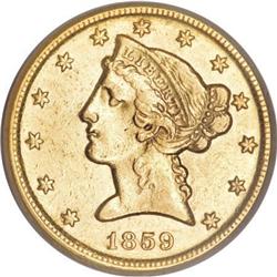 1859-D $5 Large D AU55 PCGS. CAC