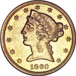 1860-D $5 Medium D AU58 PCGS