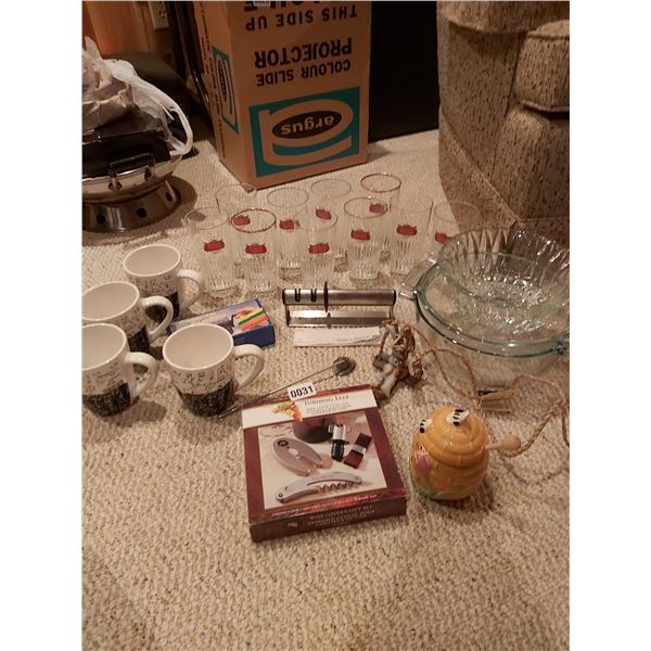 Assorted Glassware - Henckel Knife Sharpener - Solar Radio - Mugs