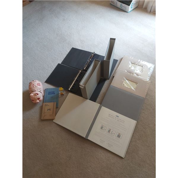 4 Scrapbooks - 2 Binders with Box - Vintage Piggy Bank - Vintage Cookbooks - Vintage Spice Jar