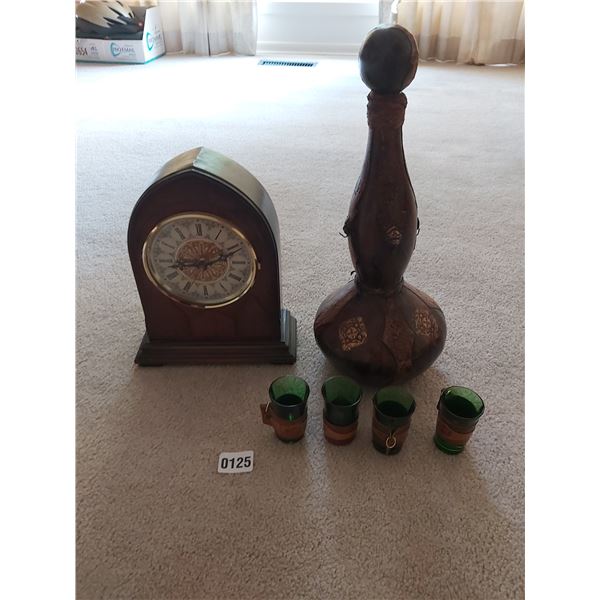 Wooden Mantle Clock - Wooden Drink Dispenser with 4 Green Glass Shot Glasses