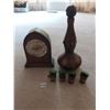 Image 1 : Wooden Mantle Clock - Wooden Drink Dispenser with 4 Green Glass Shot Glasses