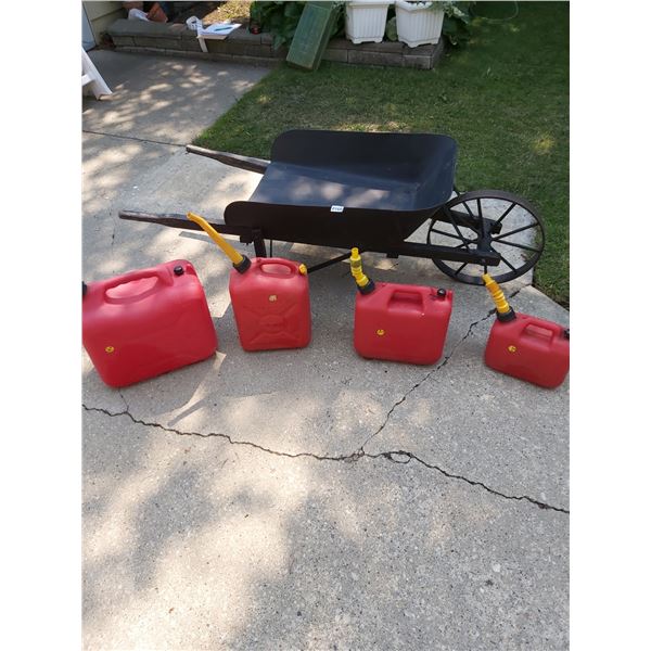 Vintage Wheelbarrow with Metal Wheel - 4 Gas Cans