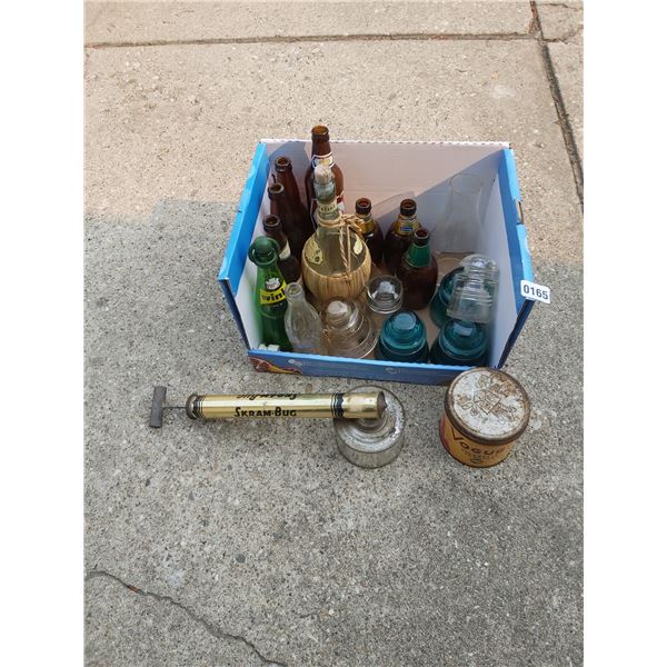 Assorted Vintage Bottles - Telephone Pole Caps - Bug Sprayer - Tabacco Tin