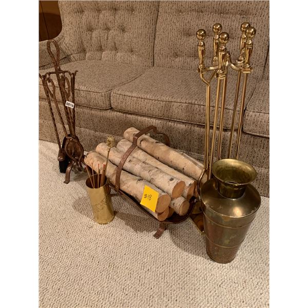 2 Fireplace Sets - Brass Match Holder - Brass Umbrella Stand - Wood Rack with Wood