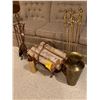 Image 1 : 2 Fireplace Sets - Brass Match Holder - Brass Umbrella Stand - Wood Rack with Wood