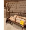 Image 2 : 2 Fireplace Sets - Brass Match Holder - Brass Umbrella Stand - Wood Rack with Wood