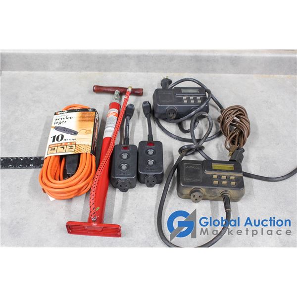 (4) Outdoor Timers, Bicycle Pump, Extension Cords