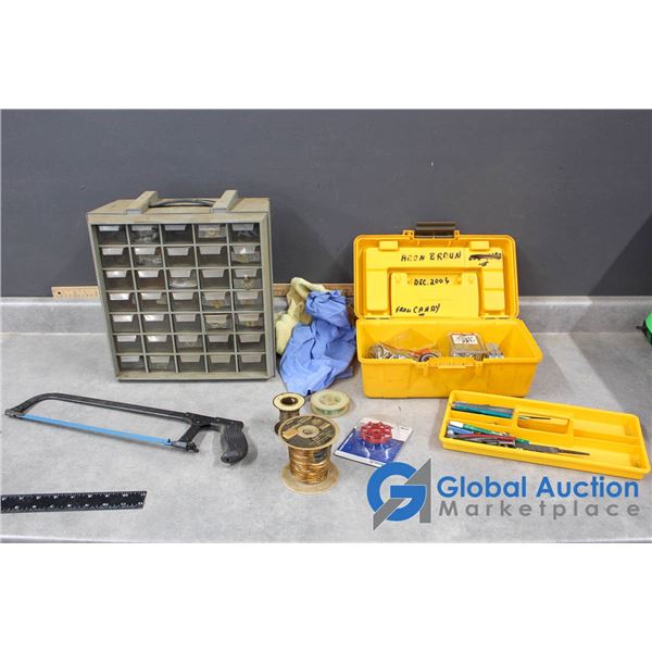 Parts Organizer, Hacksaw & Tool Box w/Contents