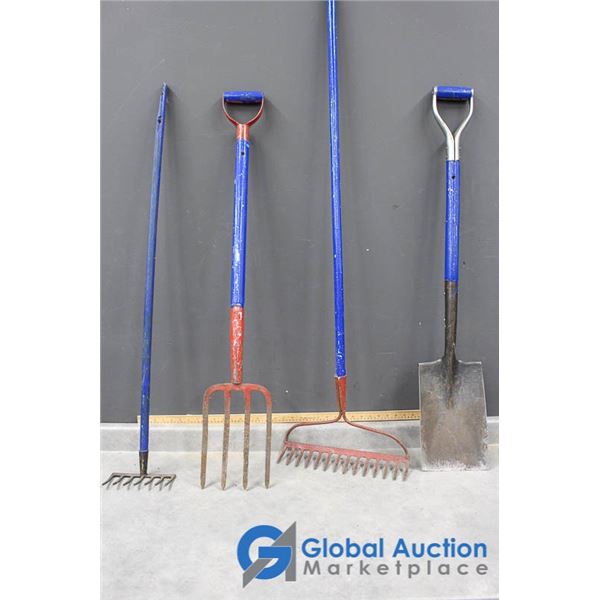 **(4) Garden Tools - Rakes, Pitch Fork, & Shovel