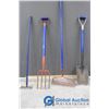 Image 1 : **(4) Garden Tools - Rakes, Pitch Fork, & Shovel