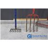 Image 2 : **(4) Garden Tools - Rakes, Pitch Fork, & Shovel