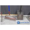 Image 3 : **(4) Garden Tools - Rakes, Pitch Fork, & Shovel