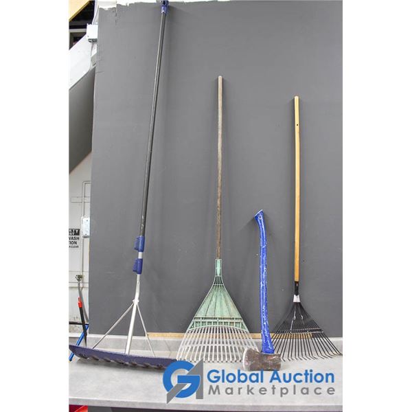 **(4) Garden Tools - Rakes, Roof Shovel & Axe