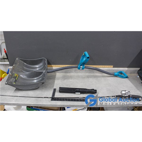 Yardworks Shovel, Darwa Minicast Fishing Rod/Reel & Spotting Scope