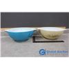 (2) Vintage Pyrex Large Serving Bowls - Blue Primary Color -1945-49; Forest Fancies 1981-86