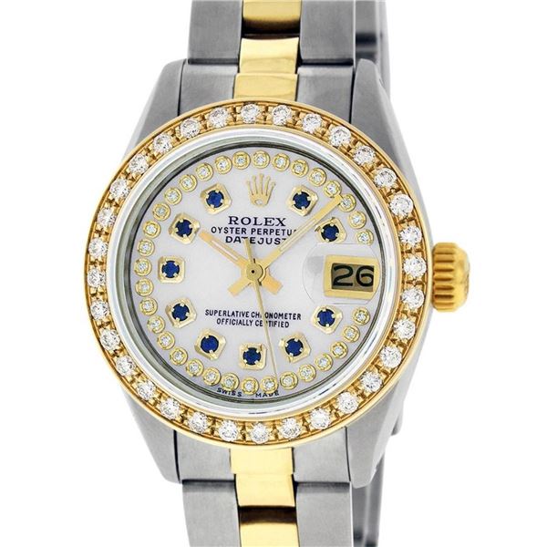 Rolex Ladies 2 Tone MOP Sapphire String Diamond Oyster Perpetual Datejust Wristw