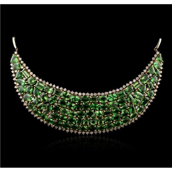 12.27 ctw Tsavorite Garnet and Diamond Chest Plate Necklace - 14KT Yellow And Wh