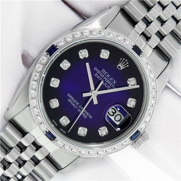 Rolex Mens Stainless Steel Blue Vignette Diamond & Sapphire Datejust Wristwatch