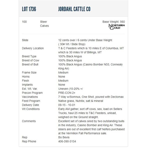 Jordahl Cattle Co - 100 Steers Base Weight: 560