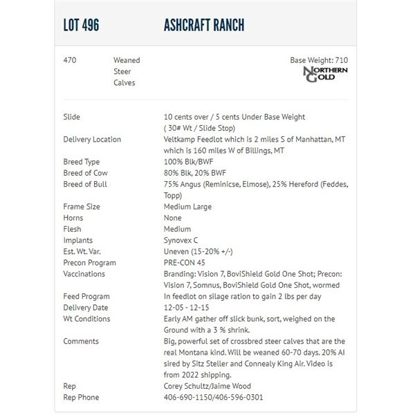 ASHCRAFT RANCH 470 Weaned Steer Calves Base Weight 710