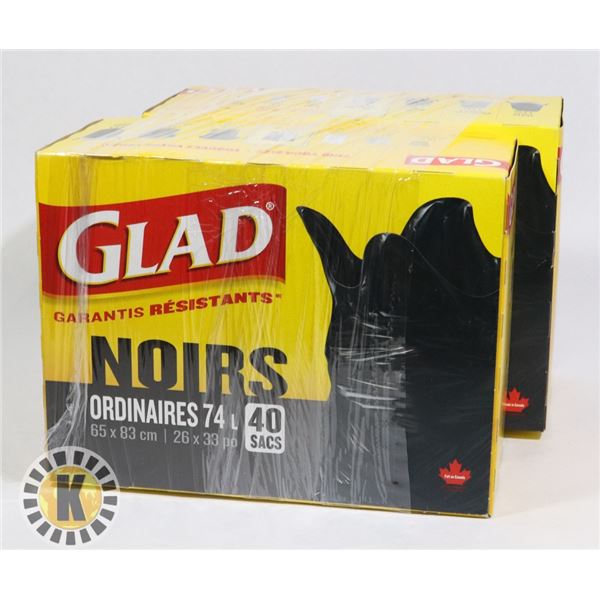 2 BOXES OF 74L GLAD GARBAGE BAGS
