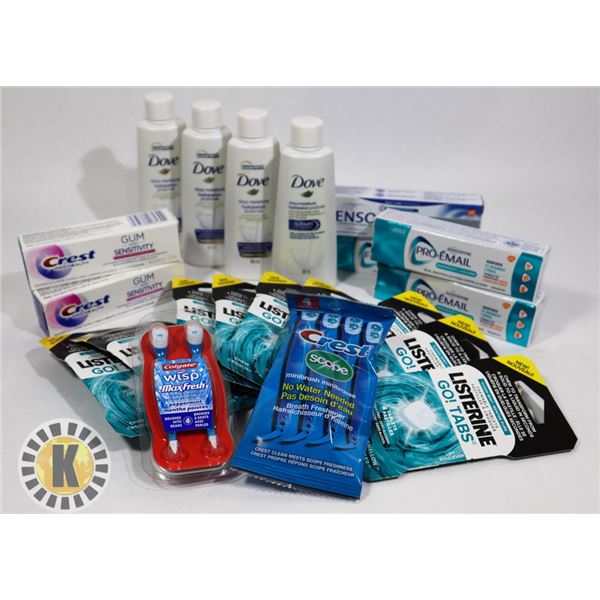 BAG OF DENTAL HYGIENE ITEMS AND DOVE  BODY WASH